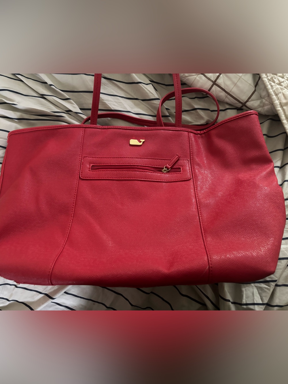 Vineyard Vines Red Leather Tote with Gold Whale Accent